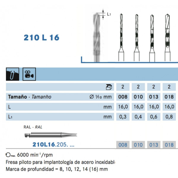 FRESA KOMET 210L16 CA L. ACERO CIRUGÍA – Pilot fúró implantátumokhoz
