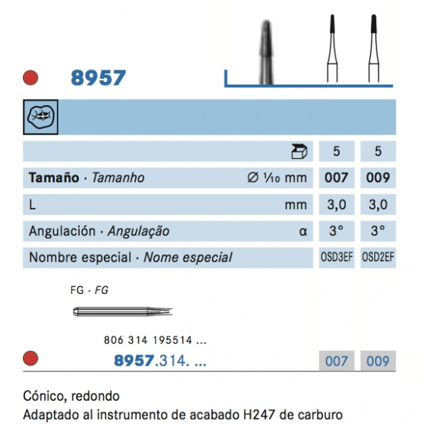 FRESA KOMET FG 8957 – Fresa diamante cónica redonda, grano fino, 5u