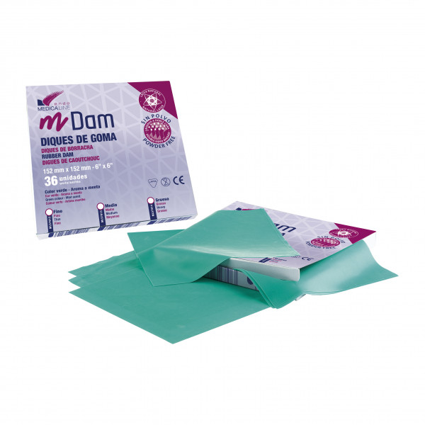 DIQUES GOMA FINOS VERDES – Dique de látex fina mentolada MEDICALINE 36un.
