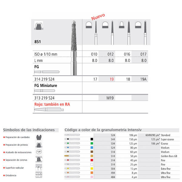 FG 19A/6 851-017 – Fraise diamantée grain moyen pour turbine INTENSIV 6U.