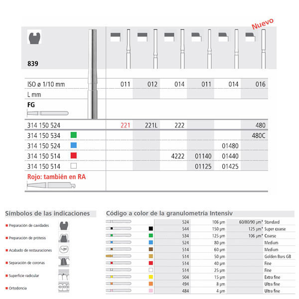 INTENSIV FG 221L/6 839-012 – Fraise diamantée grain moyen pour turbine (6 uds)