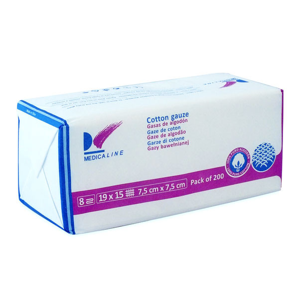Gasas no estériles MEDICALINE – 7.5x7.5 cm, 19x15, 8 pliegues, 200 uds