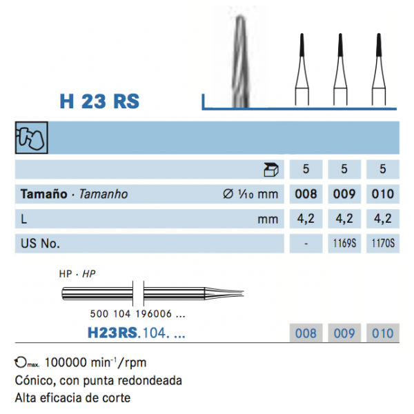 KOMET PM H23RS – Fresa cónica de carboneto de tungsténio 5u.
