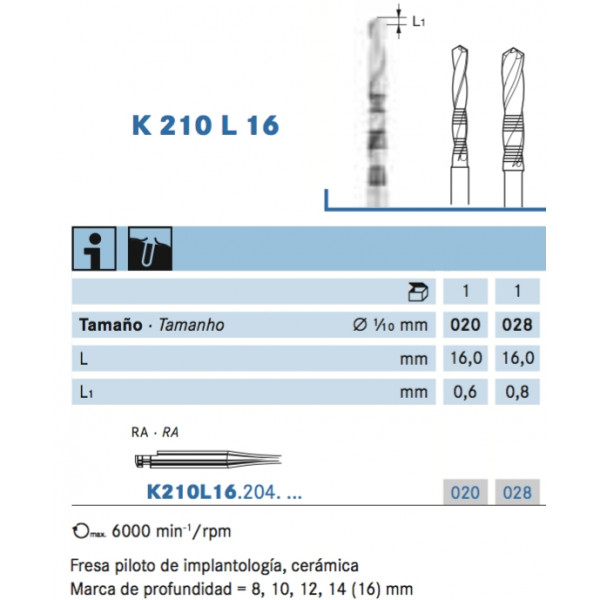 FRESA KOMET K210L16 CA CERADRILL – Fresa piloto para implantes