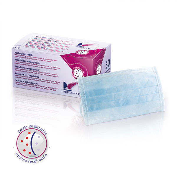 MASCARILLAS RECTANGULAR AZUL – Mascarilla quirúrgica triple capa MEDICALINE 50u