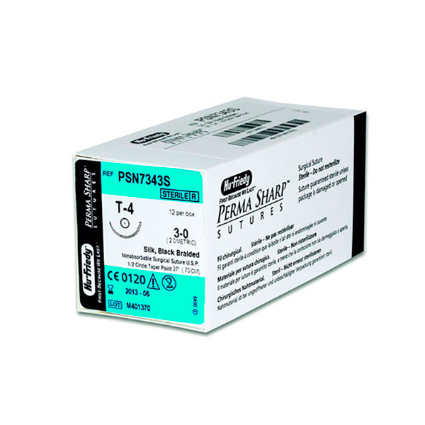PSN7343S SUTURA T4,SEDA 3-0 – Sutura de seda negra, no absorbible, aguja T4, Hu-Friedy, 12 uds.