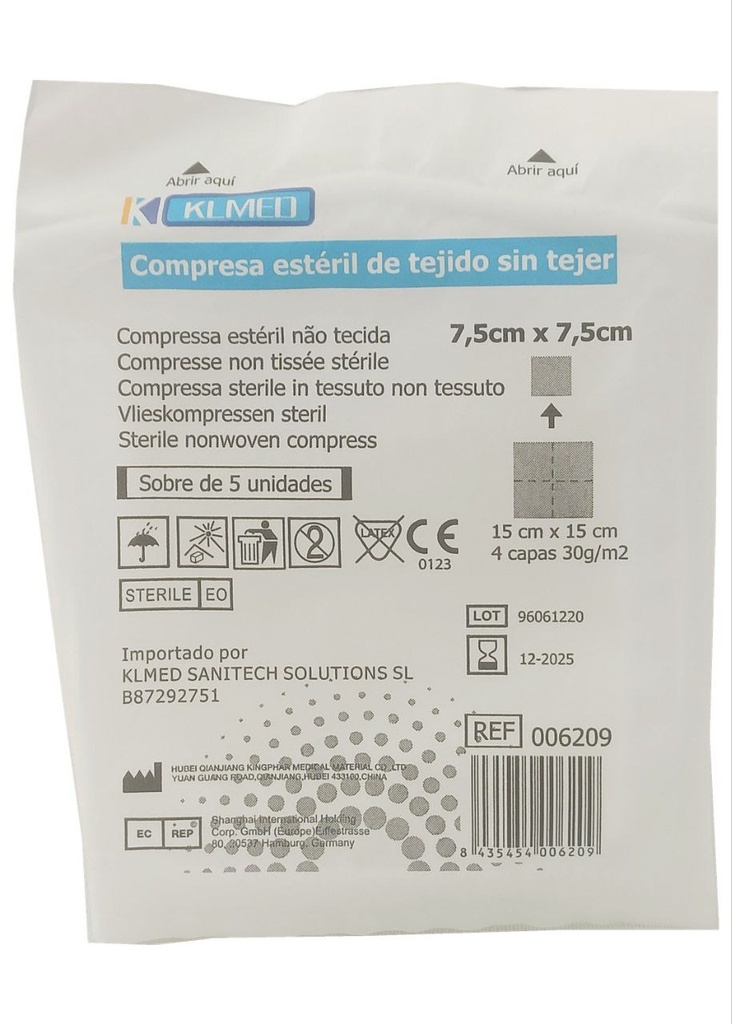 GASAS ESTERIL TST 5X5 cm – Gasas estériles TST KLMED, 7.5x7.5 cm, 5 uds
